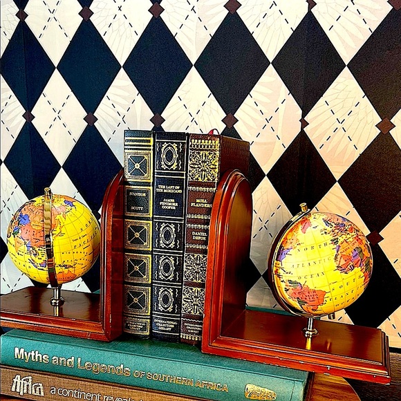 Elegant Vintage Globe Bookends | Brass & Wood | Timeless Library Accent - Picture 4 of 14